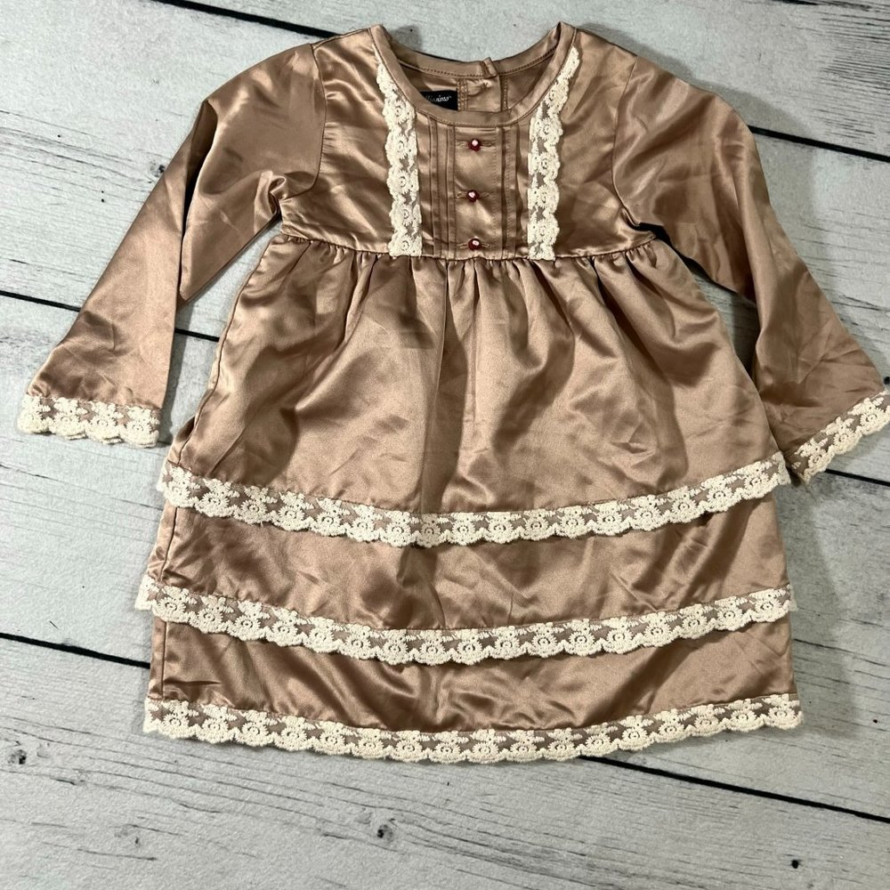 Wendy Bellissimo Tan Cream Satin Lace Tiered Long Sleeve Dress